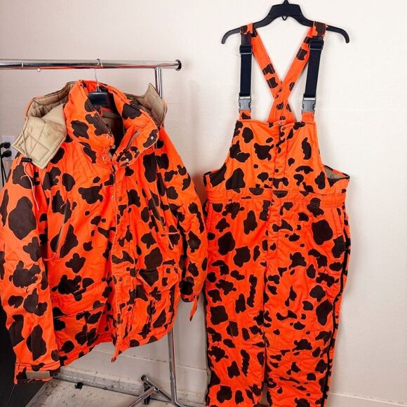 Mount’n Prairie Orange Camo Cow Print Hunting Jacket Bibs Overalls Large Flyway - Picture 1 of 12
